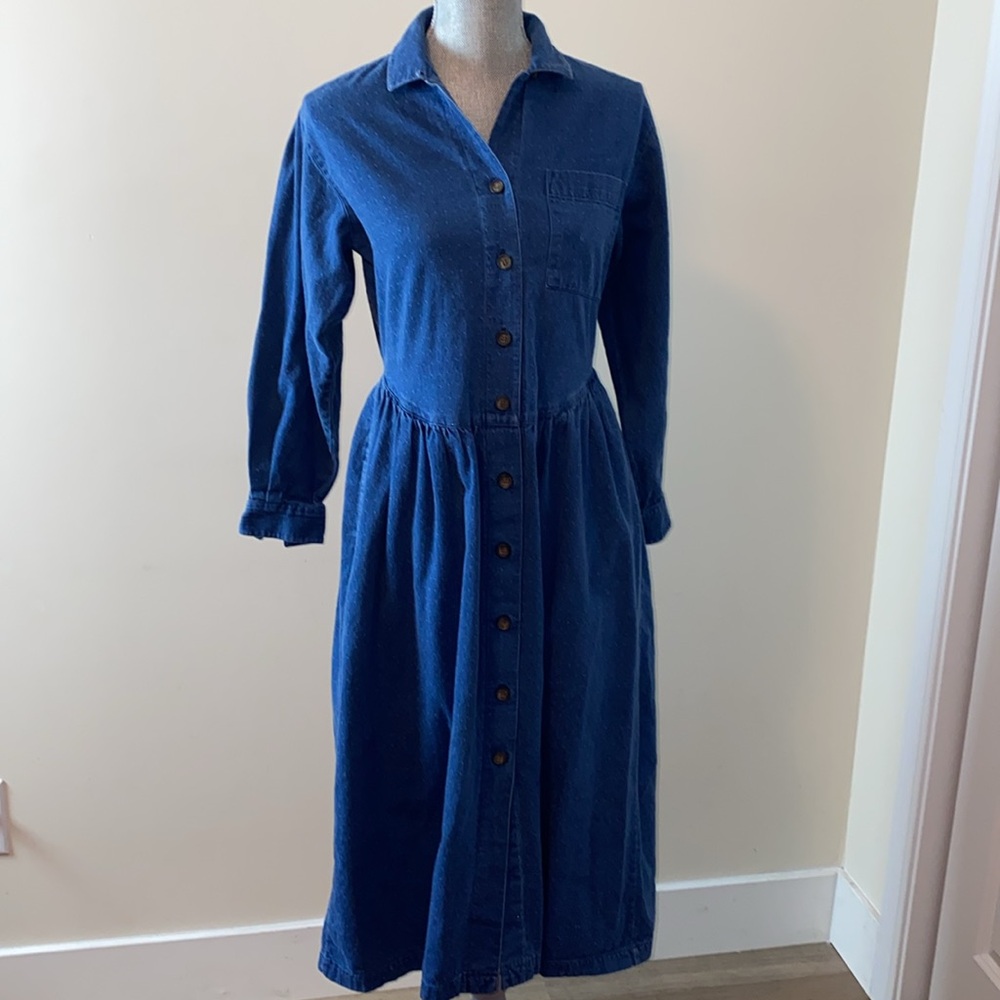 Vintage Eddie Bauer Button Front Polka Dot Denim Midi Dress Size Small